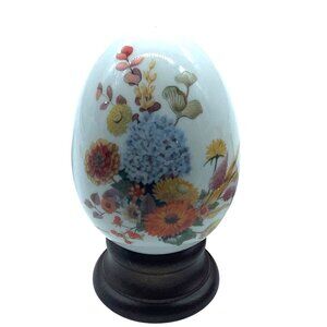 Vtg Avon 1987 Autumns Colors Porcelain Egg E. Hoffmann Floral Wooden Stand 4”